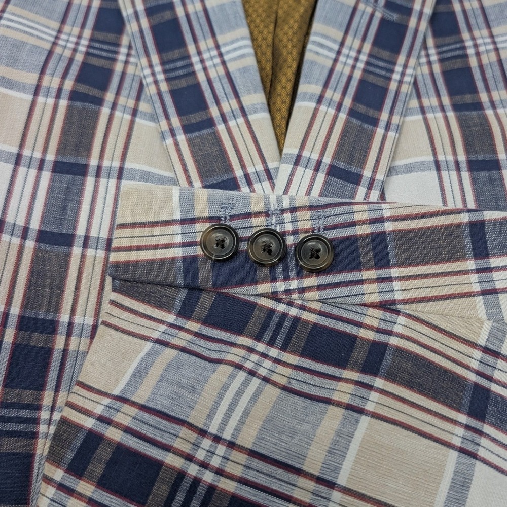 Banana Republic Mad Men Plaid Blazer 38S Tailored Slim Fit Navy Red Gold Lining - Picture 13 of 16
